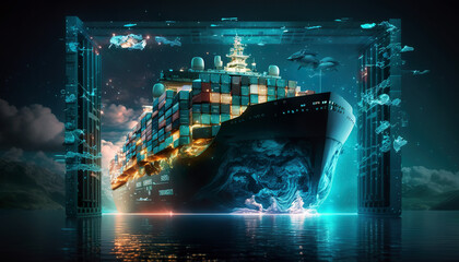 A colossal cargo ship emerges from a glowing, futuristic frame, creating a surreal blend of reality and digital fantasy. Logistics solutions in the future. AI generated.