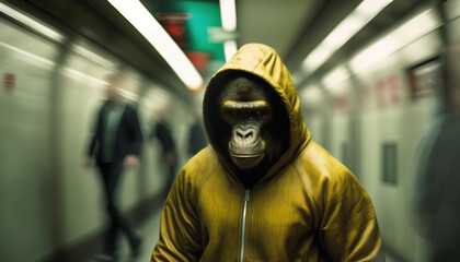 Monkey ape in the subway. sketch art for artist creativity and inspiration. generative AI - obrazy, fototapety, plakaty
