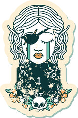 crying elf rogue character face with natural one D20 roll illustration