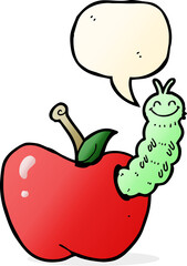cartoon bug eating apple with speech bubble