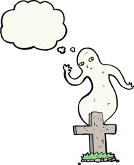 cartoon ghost rising from grave with thought bubble