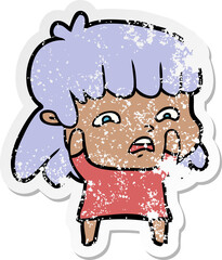 distressed sticker of a cartoon worried woman
