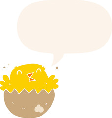 cartoon hatching chick and speech bubble in retro style