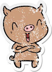 distressed sticker of a happy cartoon pig