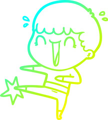 cold gradient line drawing laughing cartoon man karate kicking