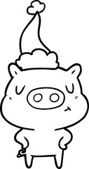 line drawing of a content pig wearing santa hat
