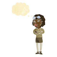 cartoon woman with crossed arms and safety goggles with thought bubble