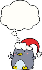 cartoon penguin wearing christmas hat and thought bubble