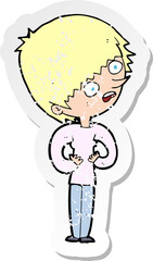 retro distressed sticker of a cartoon shocked woman