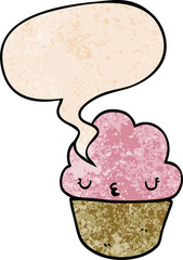 cartoon cupcake and face and speech bubble in retro texture style