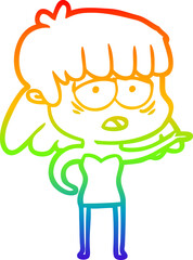 rainbow gradient line drawing cartoon tired woman