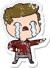 distressed sticker of a cartoon man crying