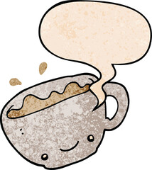 cartoon cup of coffee and speech bubble in retro texture style