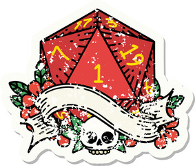 natural one d20 dice roll grunge sticker