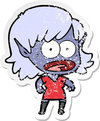 distressed sticker of a cartoon shocked elf girl