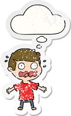 cartoon man totally stressed out and thought bubble as a distressed worn sticker