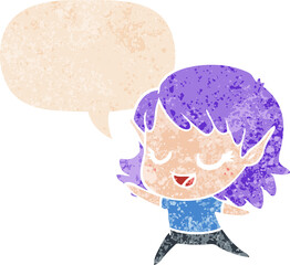 carton happy elf girl dancing and speech bubble in retro textured style