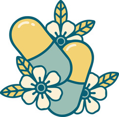 tattoo style icon of pills and flowers