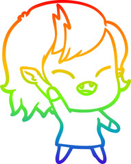 Obraz premium rainbow gradient line drawing cartoon laughing vampire girl waving