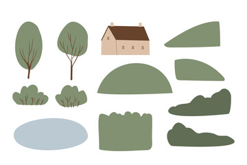 vector cottagecore landscape illustration clipart, house, tree, bunch, clip art, images in flat cartoon style