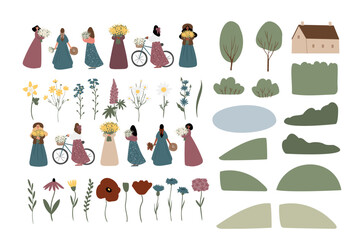 wildflower woman illustration clipart, vector cottagecore landscape clip art, png ai svg girl images in flat cartoon style, daisy, columbine, cosmos, forget me not, lupine, phlox