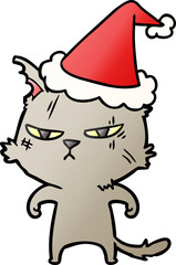 tough gradient cartoon of a cat wearing santa hat
