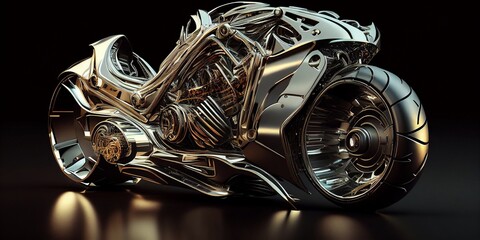 Fototapeta na wymiar Ein wunderschönes außergewöhnliche Motorrad in Chrom Silber, ai generativ