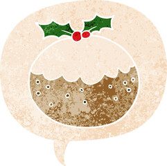 cartoon christmas pudding and speech bubble in retro textured style