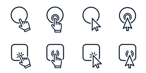 Click cursor set button with hand pointer clicking. Click here web button sign. Isolated website buy or register bar icon with hand finger arrow clicking cursor – vector