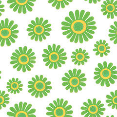 Flowers seamless pattern. Abstract floral minimal design illustration. Trendy colorful summer green flowers on white background. Modern floral pattern tile for fashion textile fabric, cloth, decor
