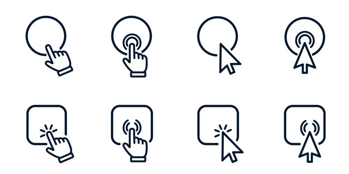 Click Cursor Set Button With Hand Pointer Clicking. Click Here Web Button Sign. Isolated Website Buy Or Register Bar Icon With Hand Finger Arrow Clicking Cursor – Vector