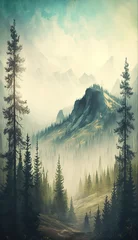 Papier Peint photo autocollant Forêt dans le brouillard Vertical oil painting Misty foggy mountain landscape with fir forest