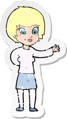 retro distressed sticker of a cartoon welcoming woman