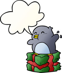cartoon penguin on wrapped present and speech bubble in smooth gradient style