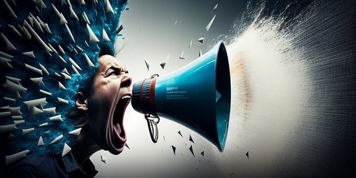 Gesch&auml;ftsmann Gesicht mit Megafon schreit laut mit fliegenden gegenst&auml;nden Nahaufnahme, ai generativ