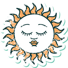 distressed sticker tattoo style icon of a sun with face
