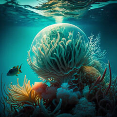 Fototapeta na wymiar Illustration of the sea world under water. Exotic fish, corals, shells. Beautiful nature wallpaper
