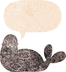 cartoon seal and speech bubble in retro textured style