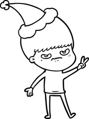 annoyed line drawing of a boy wearing santa hat
