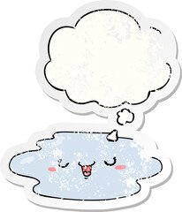 cartoon puddle with face and thought bubble as a distressed worn sticker