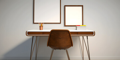 modern wooden desk and chair, blank white frame. generative ai