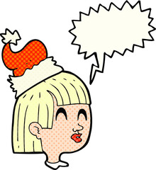 comic book speech bubble cartoon girl wearing santa hat