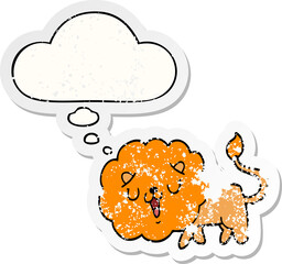 cute cartoon lion and thought bubble as a distressed worn sticker
