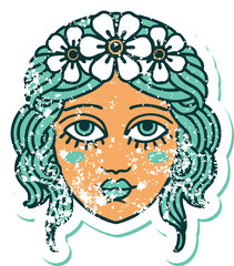 distressed sticker tattoo style icon of female face with crown of flowers
