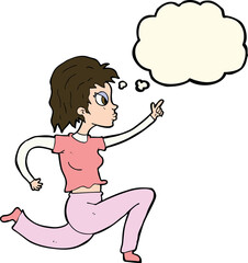 cartoon woman running and pointing with thought bubble
