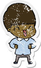 distressed sticker of a happy cartoon boy