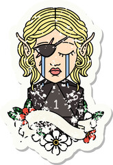 crying elf rogue character face with natural one D20 roll grunge sticker