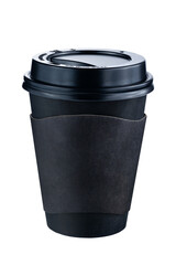 Takeaway black paper coffee cup with sleeve isolated on white.  Full Depth of field. Focus stacking. PNG