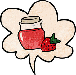 cartoon jar of strawberry jam and speech bubble in retro texture style