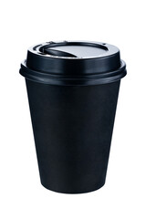 Takeaway black paper coffee cup with sleeve isolated on white.  Full Depth of field. Focus stacking. PNG